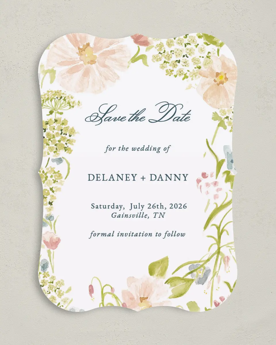 This is a 5" x 7" Save the Date Card called Garden of Vows printed in full color on Premium Smooth paper