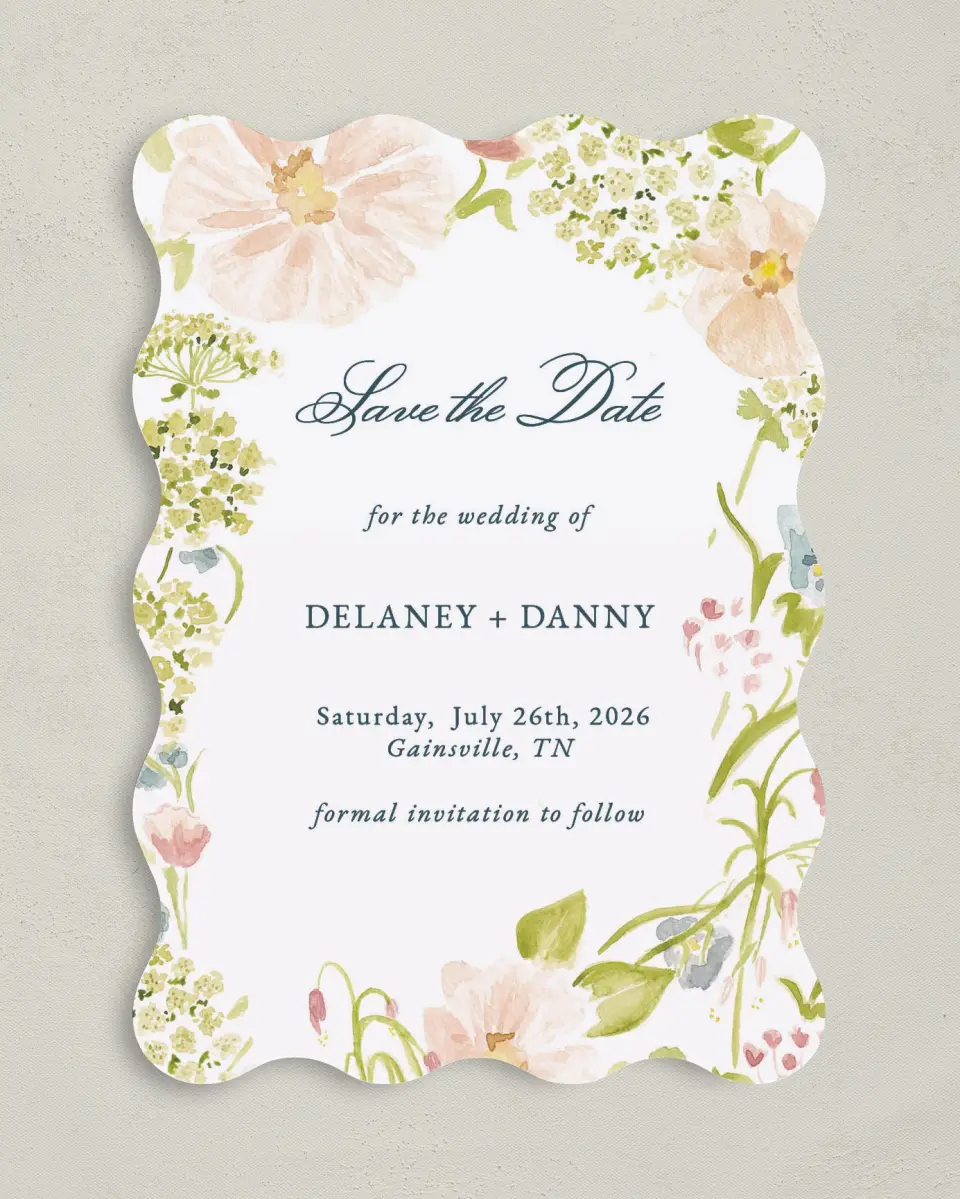 This is a 5" x 7" Save the Date Card called Garden of Vows printed in full color on Premium Smooth paper