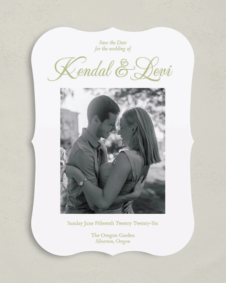 This is a 5" x 7" Save the Date Card called Southern Belle printed in full color on Premium Smooth paper