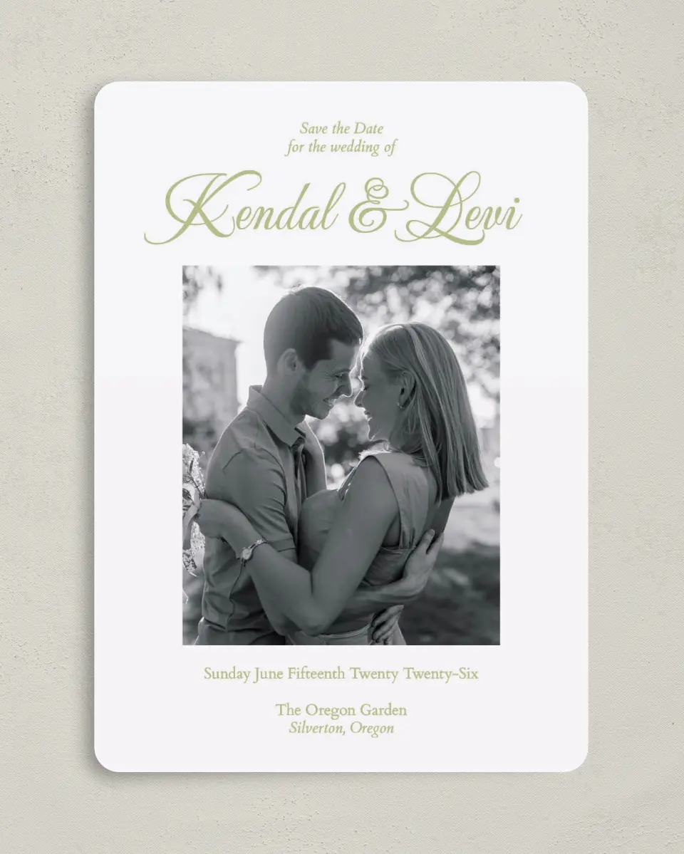 This is a 5" x 7" Save the Date Card called Southern Belle printed in full color on Premium Smooth paper