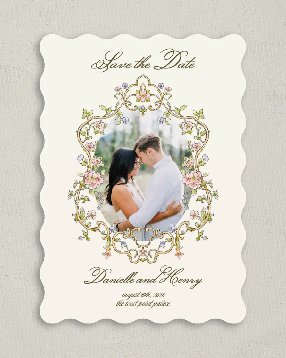 This is a 5" x 7" Save the Date Card called Ever After printed in full color on Premium Smooth paper