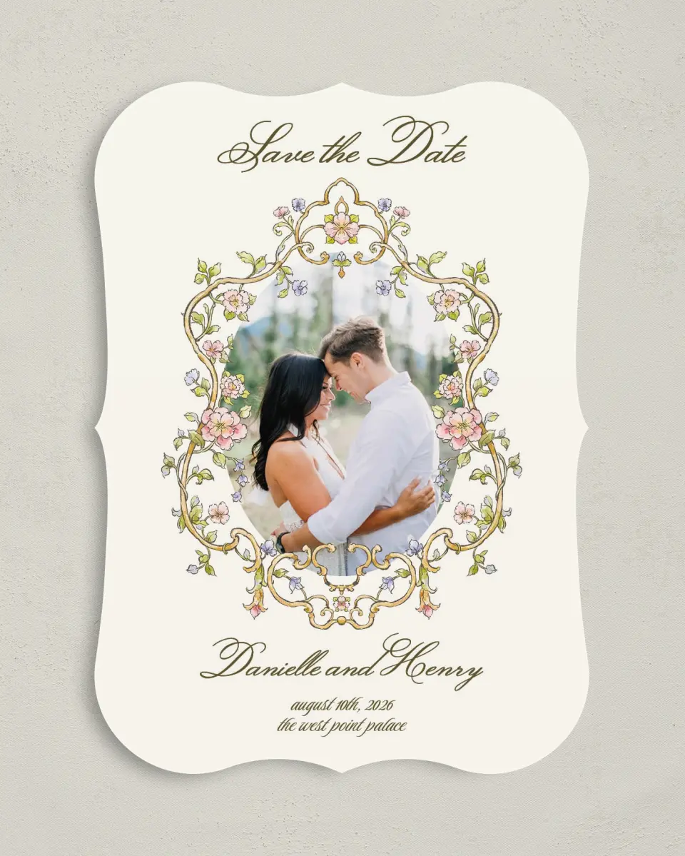 This is a 5" x 7" Save the Date Card called Ever After printed in full color on Premium Smooth paper