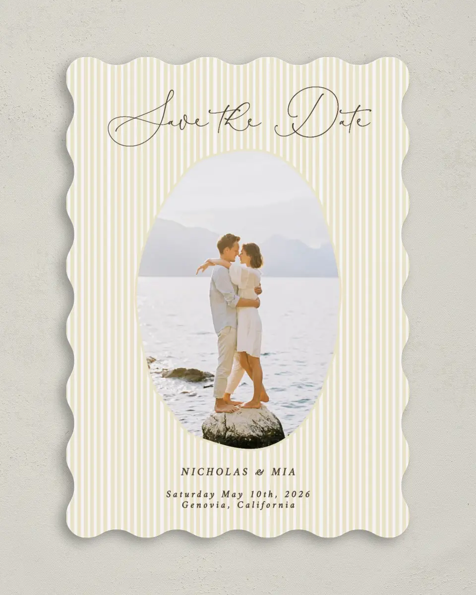 This is a 5" x 7" Save the Date Card called Royal Glory printed in full color on Premium Smooth paper