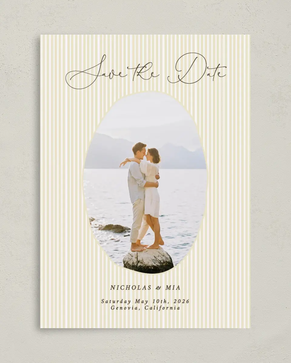 This is a 5" x 7" Save the Date Card called Royal Glory printed in full color on Premium Smooth paper