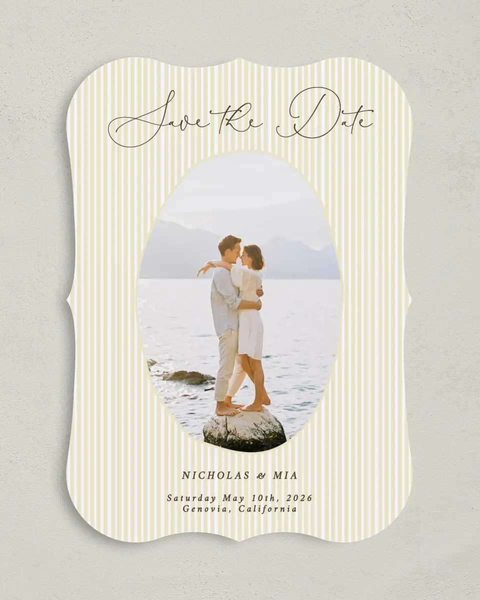 This is a 5" x 7" Save the Date Card called Royal Glory printed in full color on Premium Smooth paper