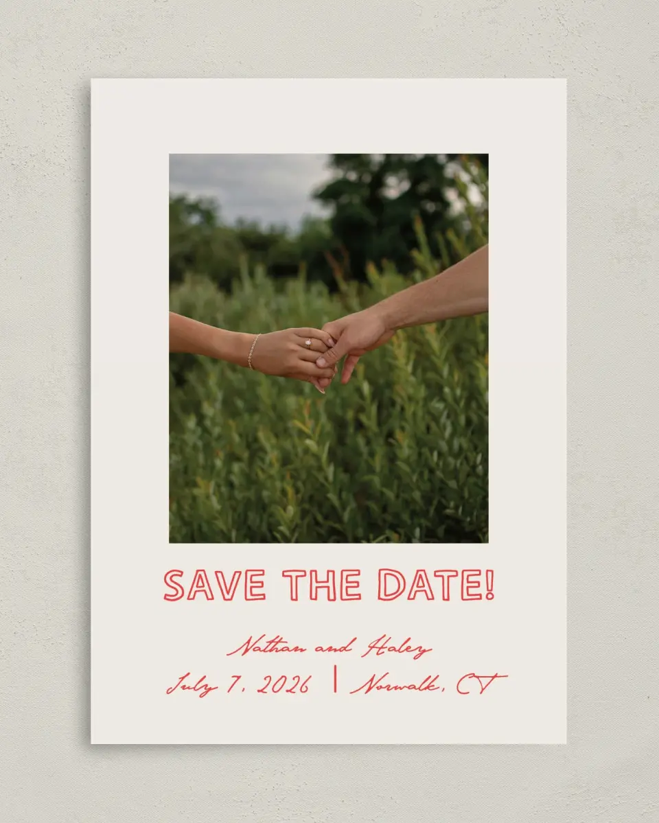This is a 5" x 7" Save the Date Card called Bold & Bright printed in full color on Premium Smooth paper