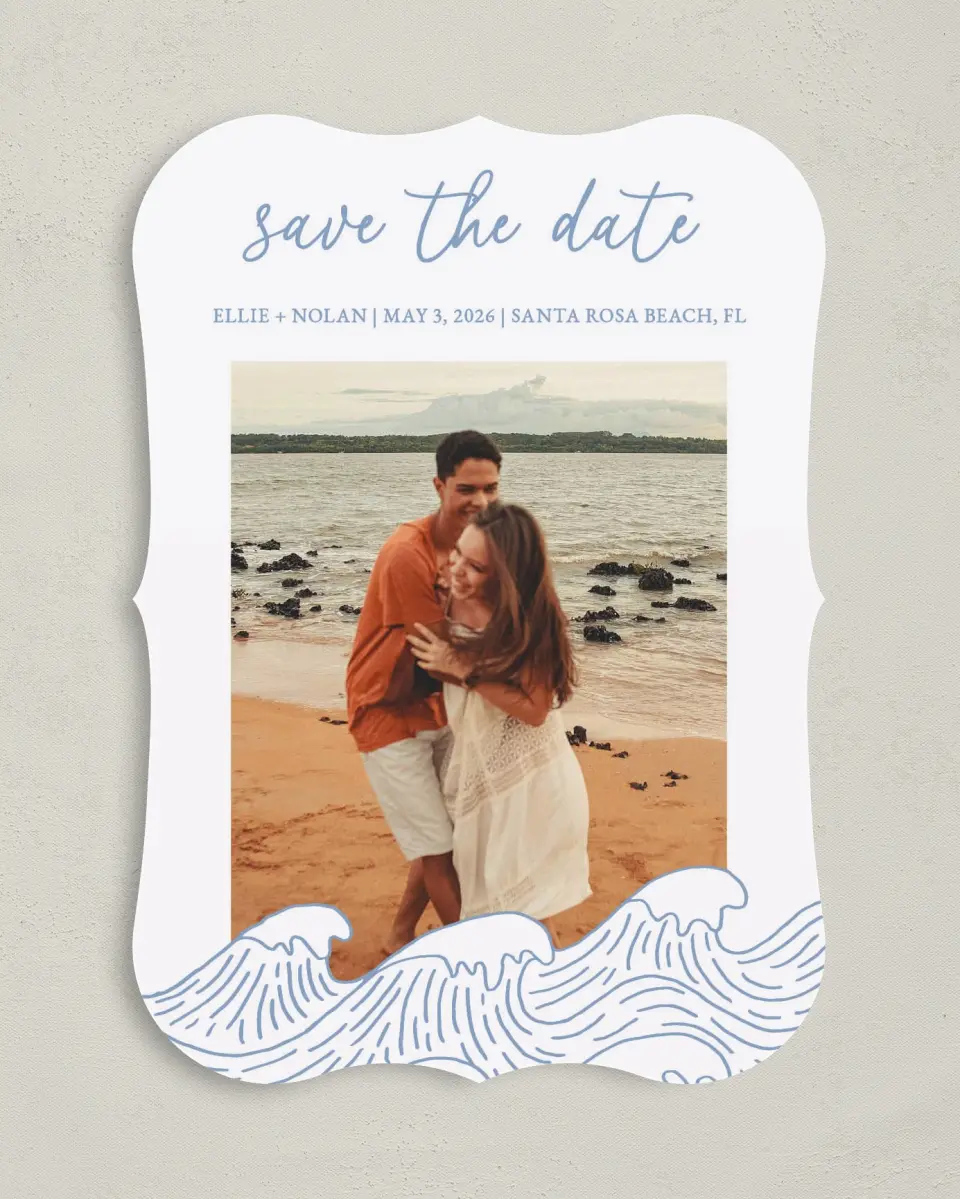 This is a 5" x 7" Save the Date Card called Wave of Love printed in full color on Premium Smooth paper