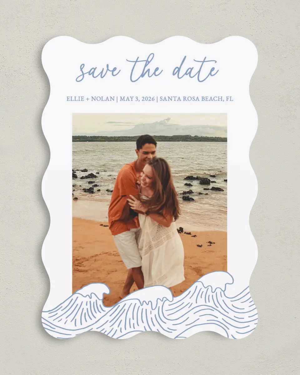 This is a 5" x 7" Save the Date Card called Wave of Love printed in full color on Premium Smooth paper
