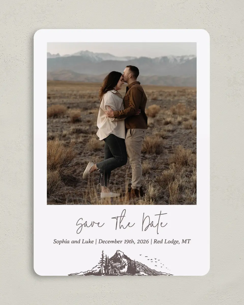 This is a 5" x 7" Save the Date Card called Mountain Bliss printed in full color on Premium Smooth paper