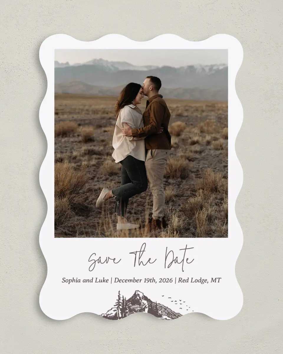 This is a 5" x 7" Save the Date Card called Mountain Bliss printed in full color on Premium Smooth paper