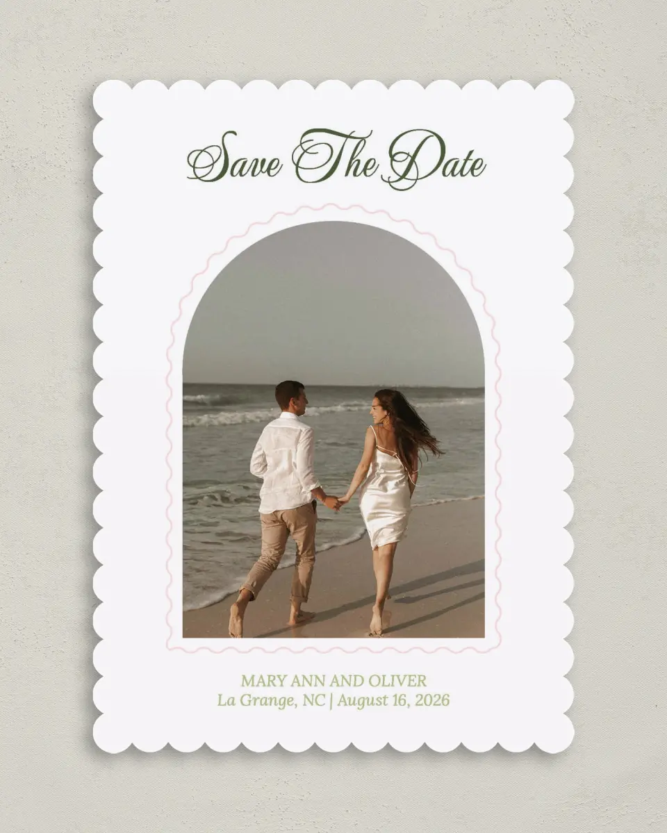 This is a 5" x 7" Save the Date Card called Palm Paradise printed in full color on Premium Smooth paper