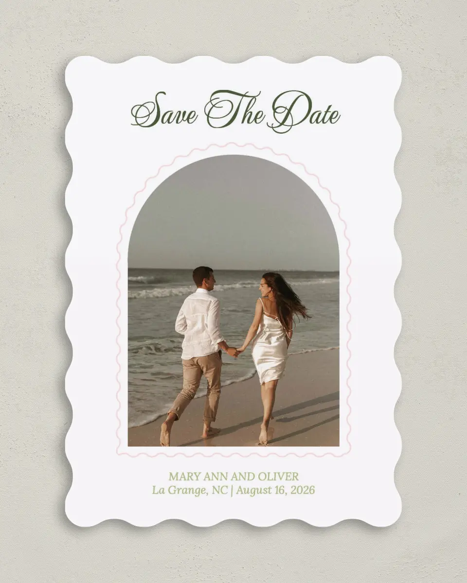 This is a 5" x 7" Save the Date Card called Palm Paradise printed in full color on Premium Smooth paper