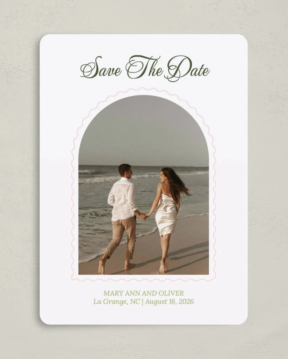This is a 5" x 7" Save the Date Card called Palm Paradise printed in full color on Premium Smooth paper