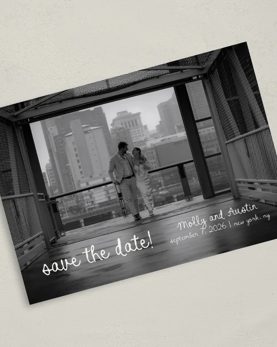 This is a 5" x 7" Save the Date Card called Evergreen Elegance printed in full color on Premium Smooth paper