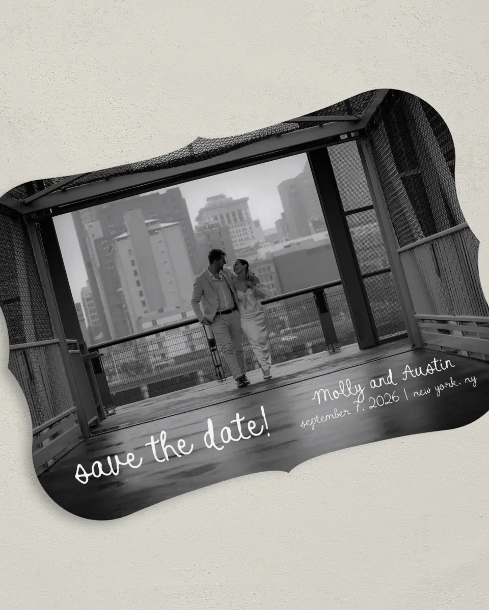 This is a 5" x 7" Save the Date Card called Evergreen Elegance printed in full color on Premium Smooth paper