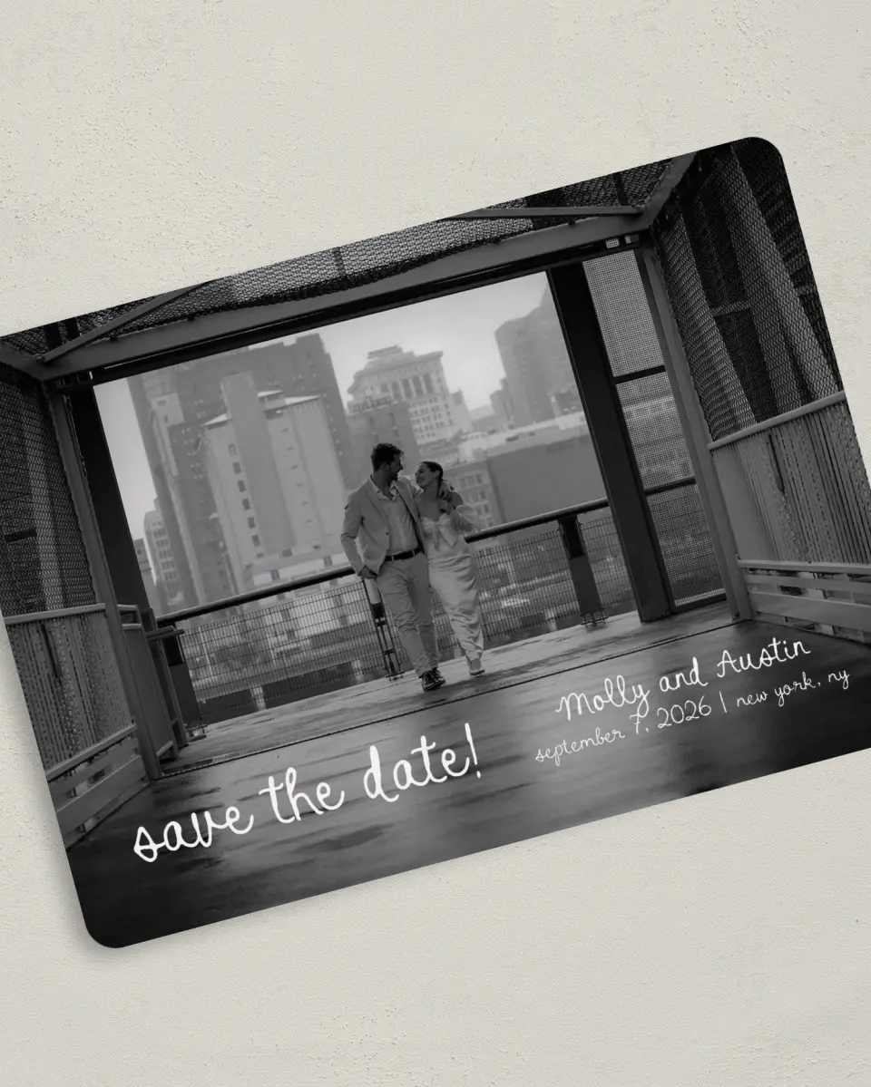 This is a 5" x 7" Save the Date Card called Evergreen Elegance printed in full color on Premium Smooth paper