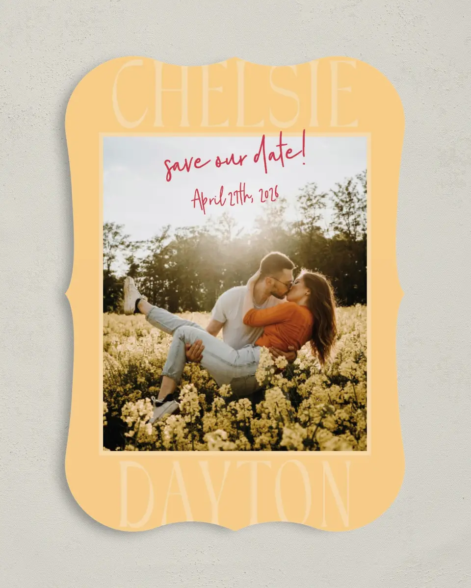 This is a 5" x 7" Save the Date Card called Lovey-Dovey printed in full color on Premium Smooth paper