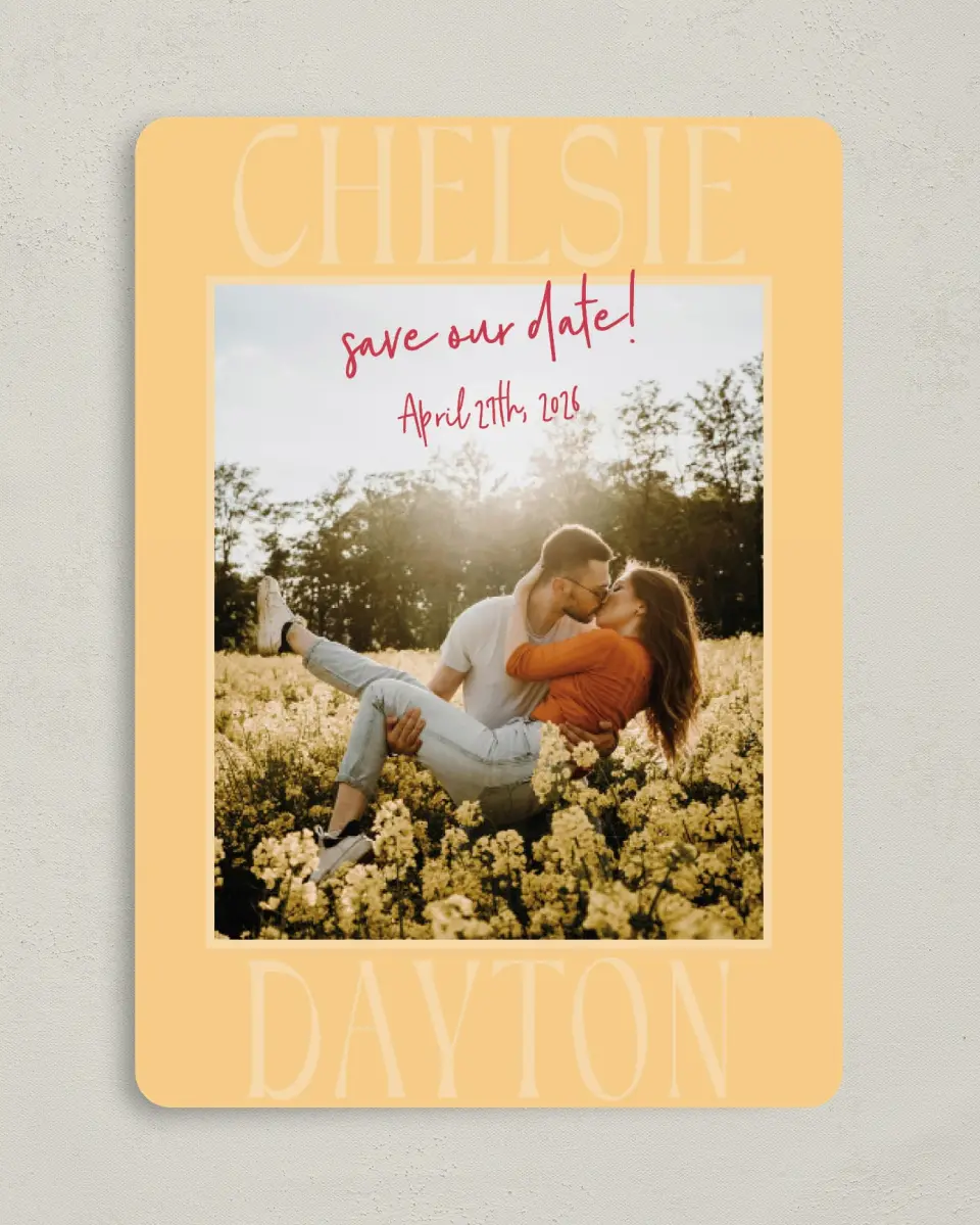 This is a 5" x 7" Save the Date Card called Lovey-Dovey printed in full color on Premium Smooth paper