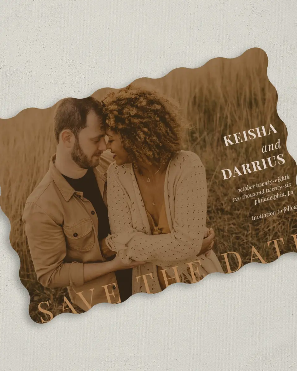 This is a 5" x 7" Save the Date Card called Bold Romance printed in full color on Premium Smooth paper