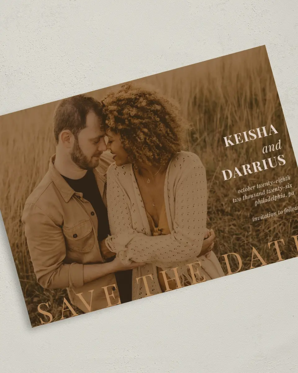 This is a 5" x 7" Save the Date Card called Bold Romance printed in full color on Premium Smooth paper