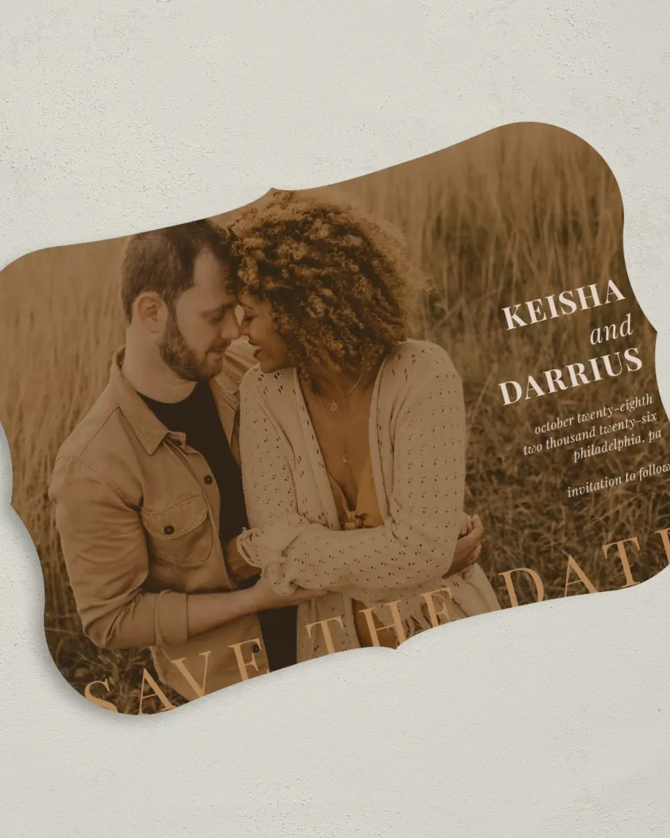 This is a 5" x 7" Save the Date Card called Bold Romance printed in full color on Premium Smooth paper