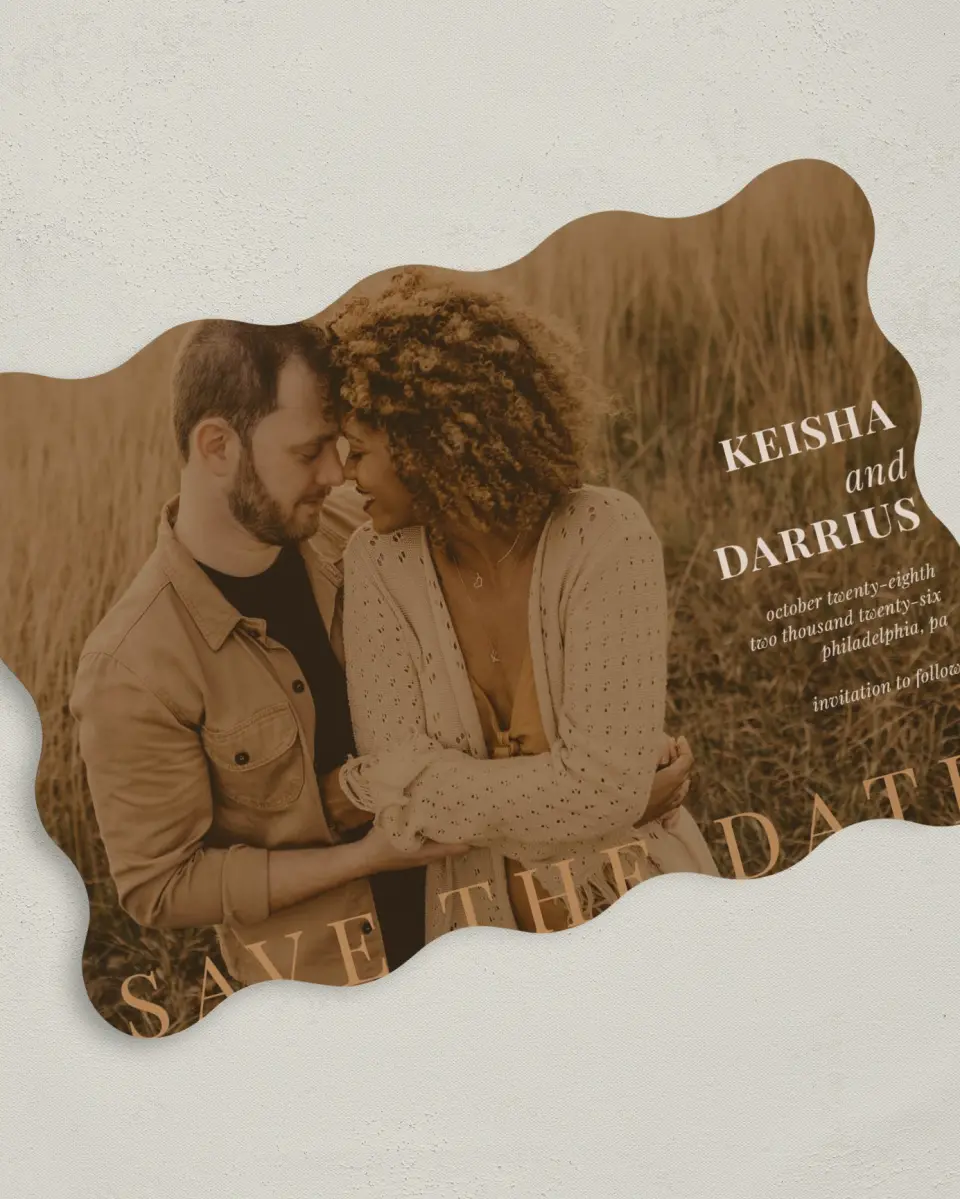 This is a 5" x 7" Save the Date Card called Bold Romance printed in full color on Premium Smooth paper