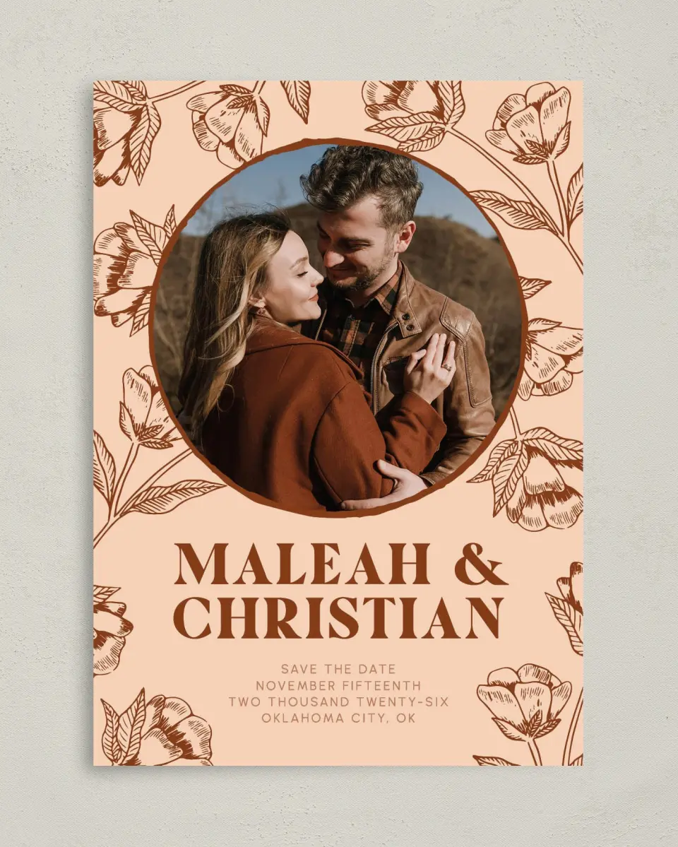 This is a 5" x 7" Save the Date Card called Agrestal printed in full color on Premium Smooth paper