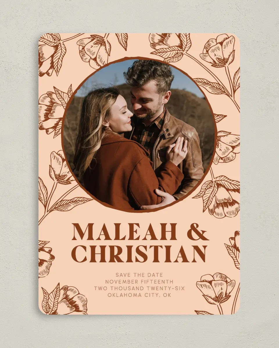 This is a 5" x 7" Save the Date Card called Agrestal printed in full color on Premium Smooth paper