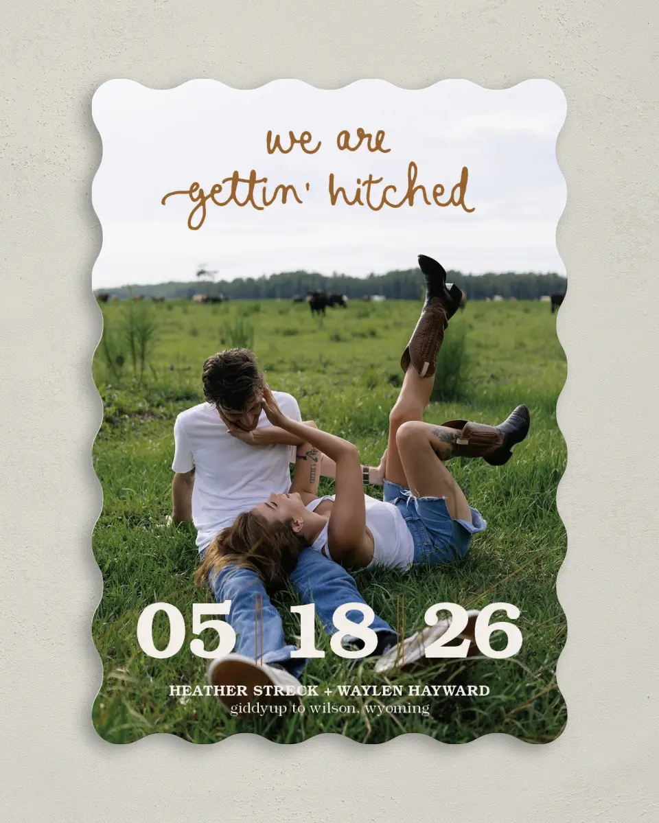 This is a 5" x 7" Save the Date Card called Head Over Boots printed in full color on Premium Smooth paper