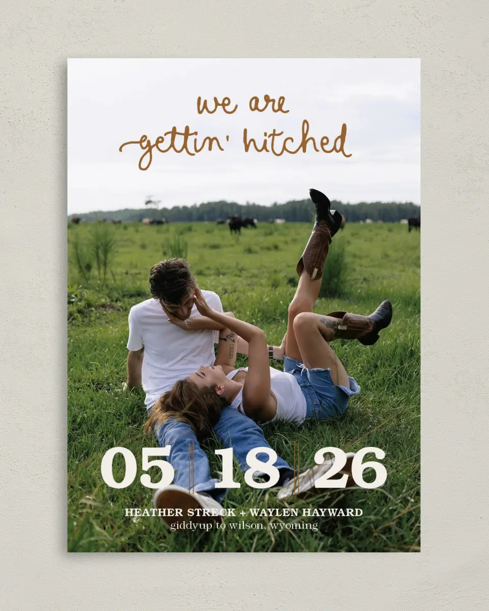 This is a 5" x 7" Save the Date Card called Head Over Boots printed in full color on Premium Smooth paper