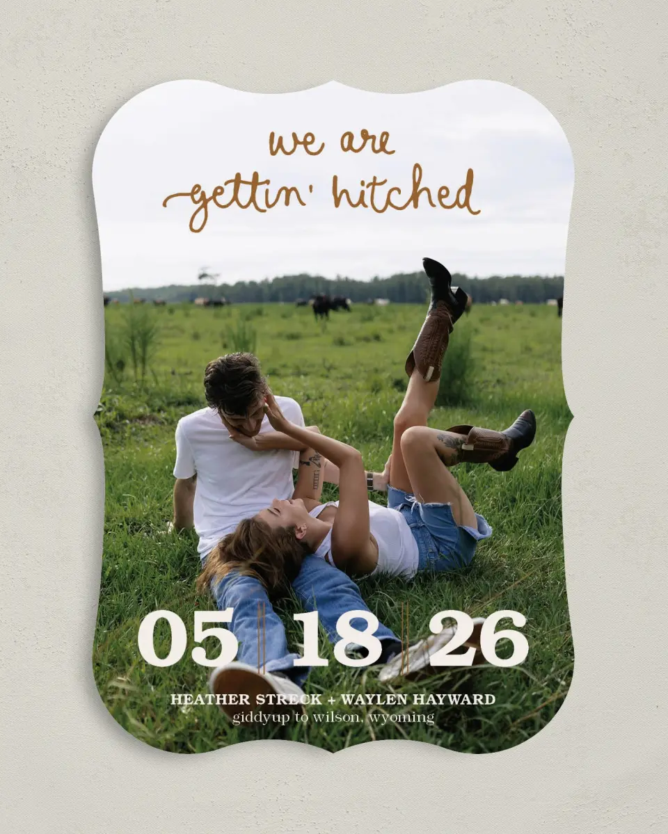 This is a 5" x 7" Save the Date Card called Head Over Boots printed in full color on Premium Smooth paper