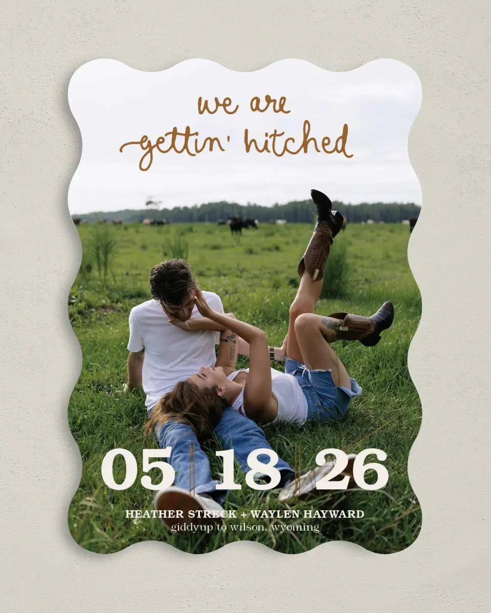 This is a 5" x 7" Save the Date Card called Head Over Boots printed in full color on Premium Smooth paper