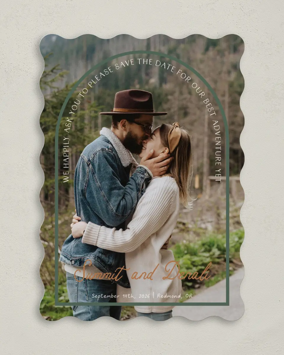 This is a 5" x 7" Save the Date Card called Elevated Adventures printed in full color on Premium Smooth paper