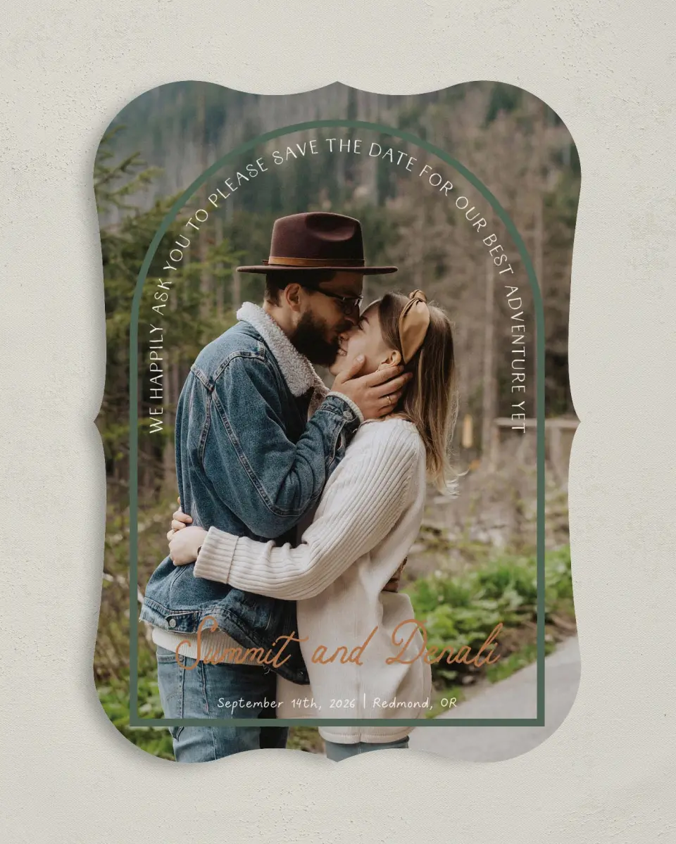 This is a 5" x 7" Save the Date Card called Elevated Adventures printed in full color on Premium Smooth paper