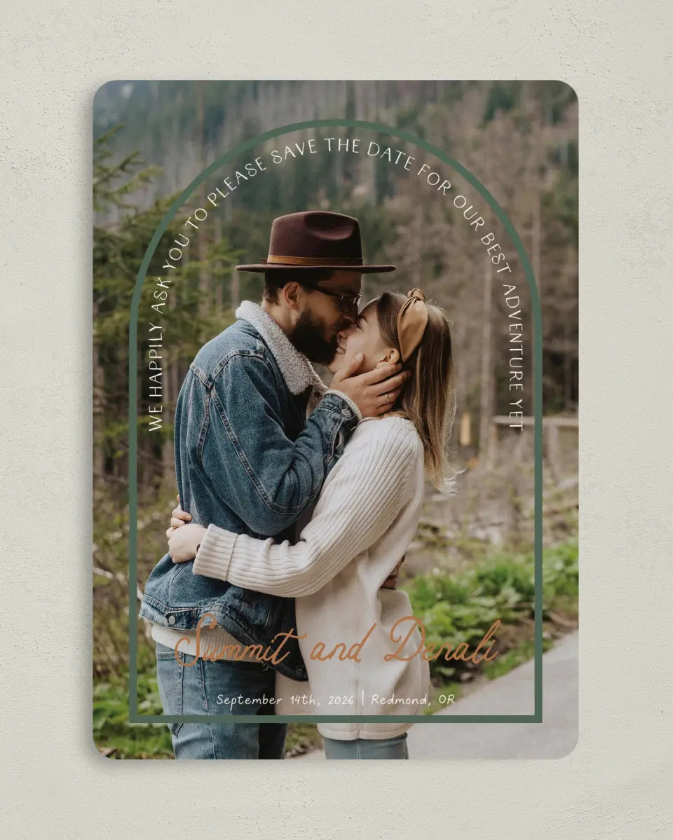This is a 5" x 7" Save the Date Card called Elevated Adventures printed in full color on Premium Smooth paper