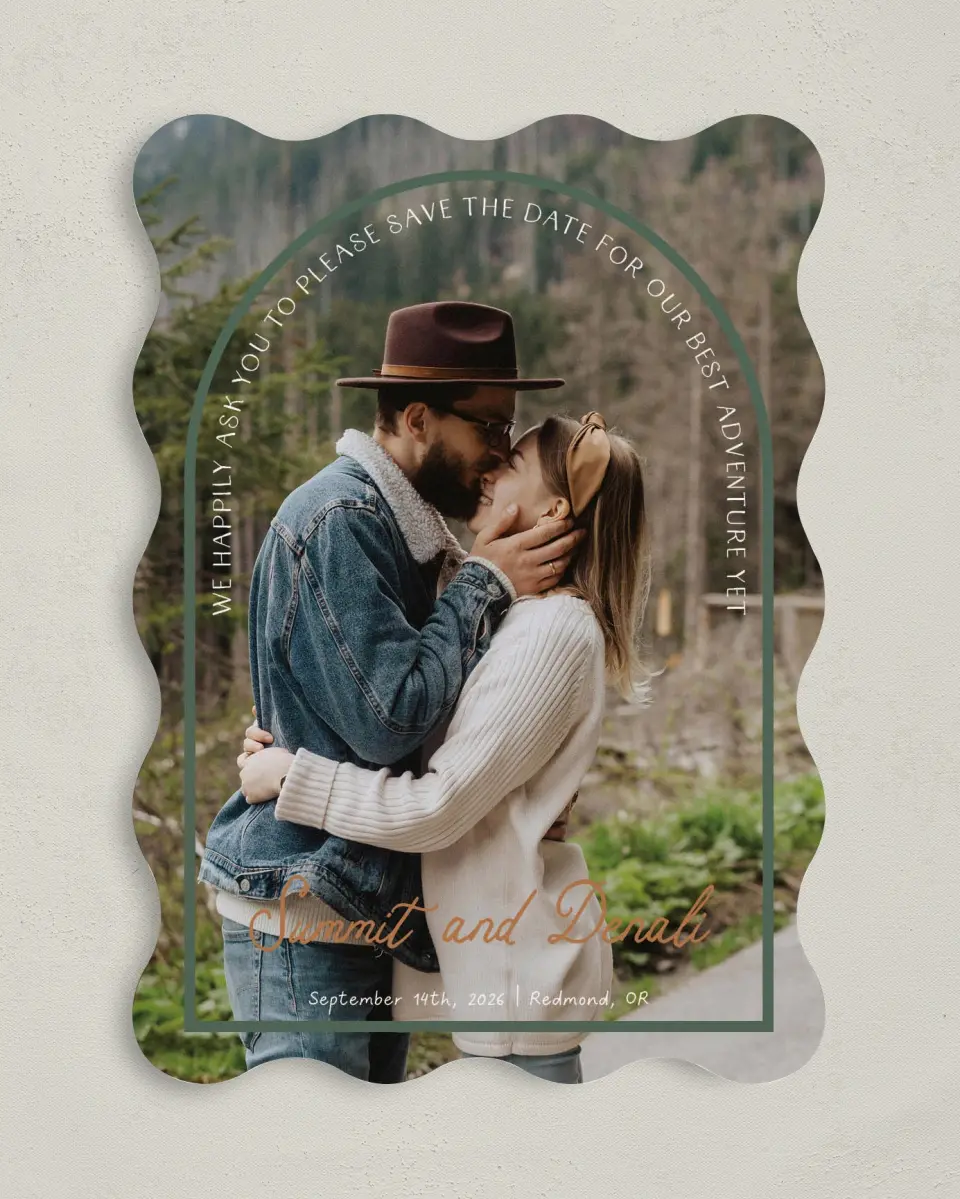 This is a 5" x 7" Save the Date Card called Elevated Adventures printed in full color with Silver foil on Luxe Satin (coated) paper