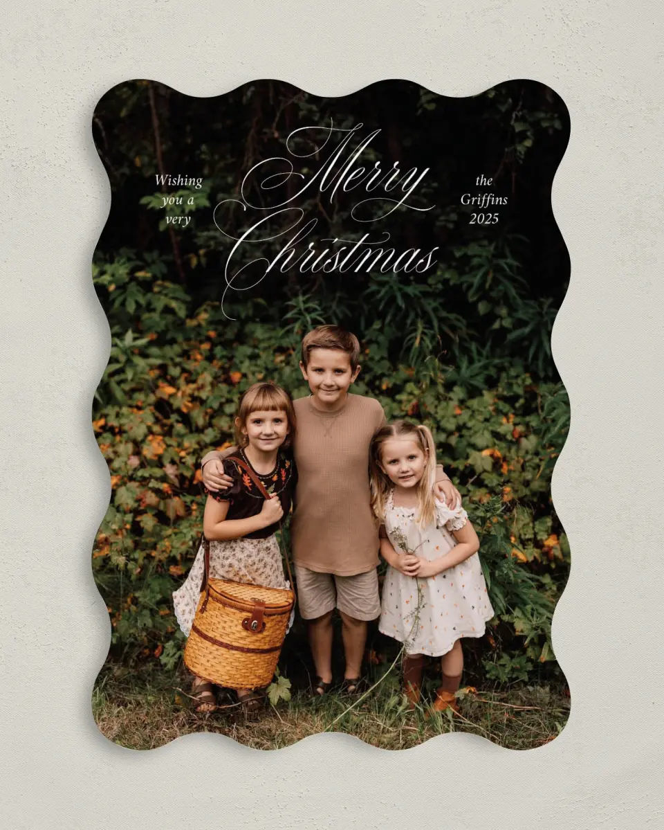 This is a 5" x 7" Christmas Card called Elegant Greetings printed in full color with Rose Gold foil on Soft Suede (coated) paper