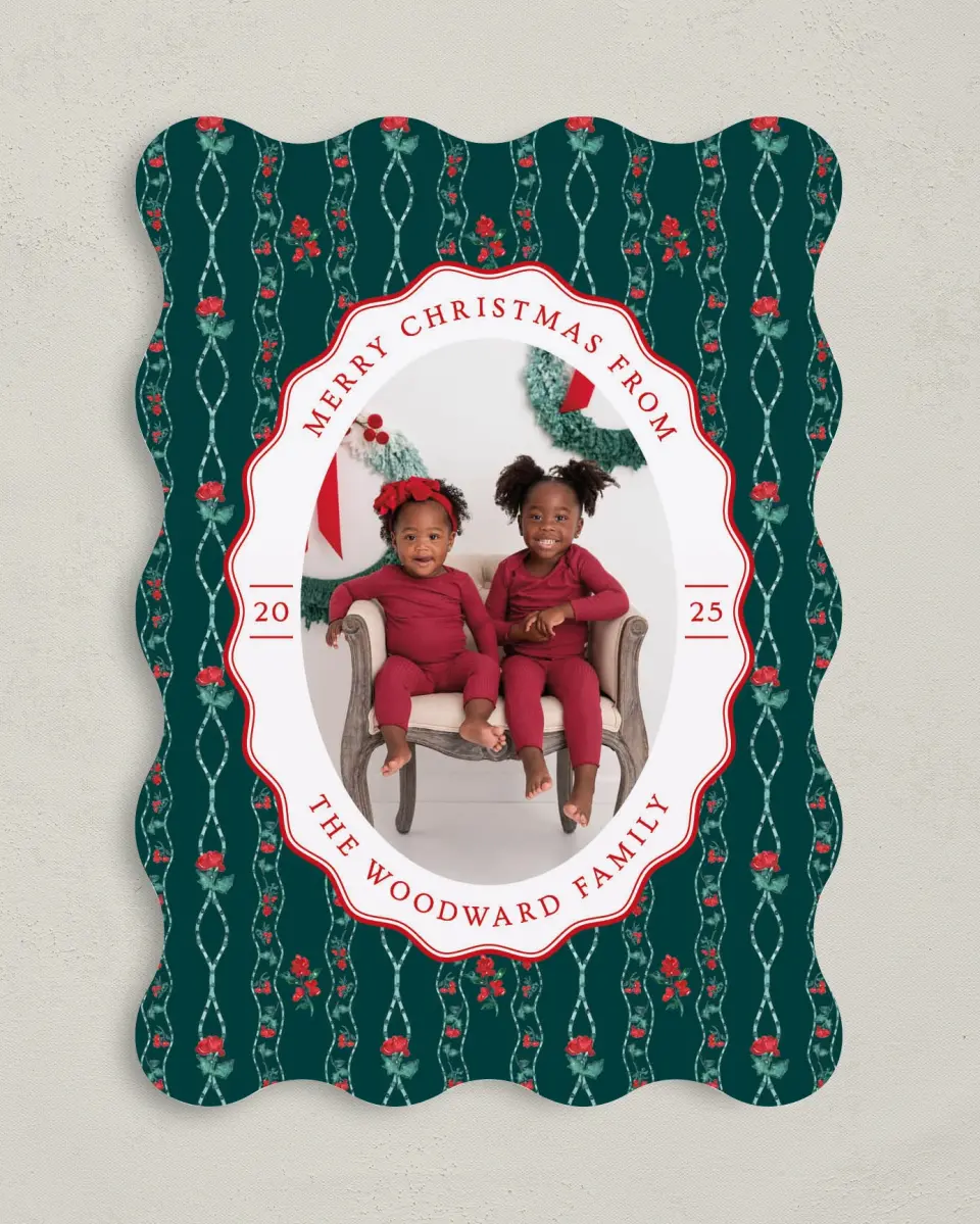 This is a 5" x 7" Christmas Card called Vintage Tidings printed in full color with Gold foil on Soft Suede (coated) paper