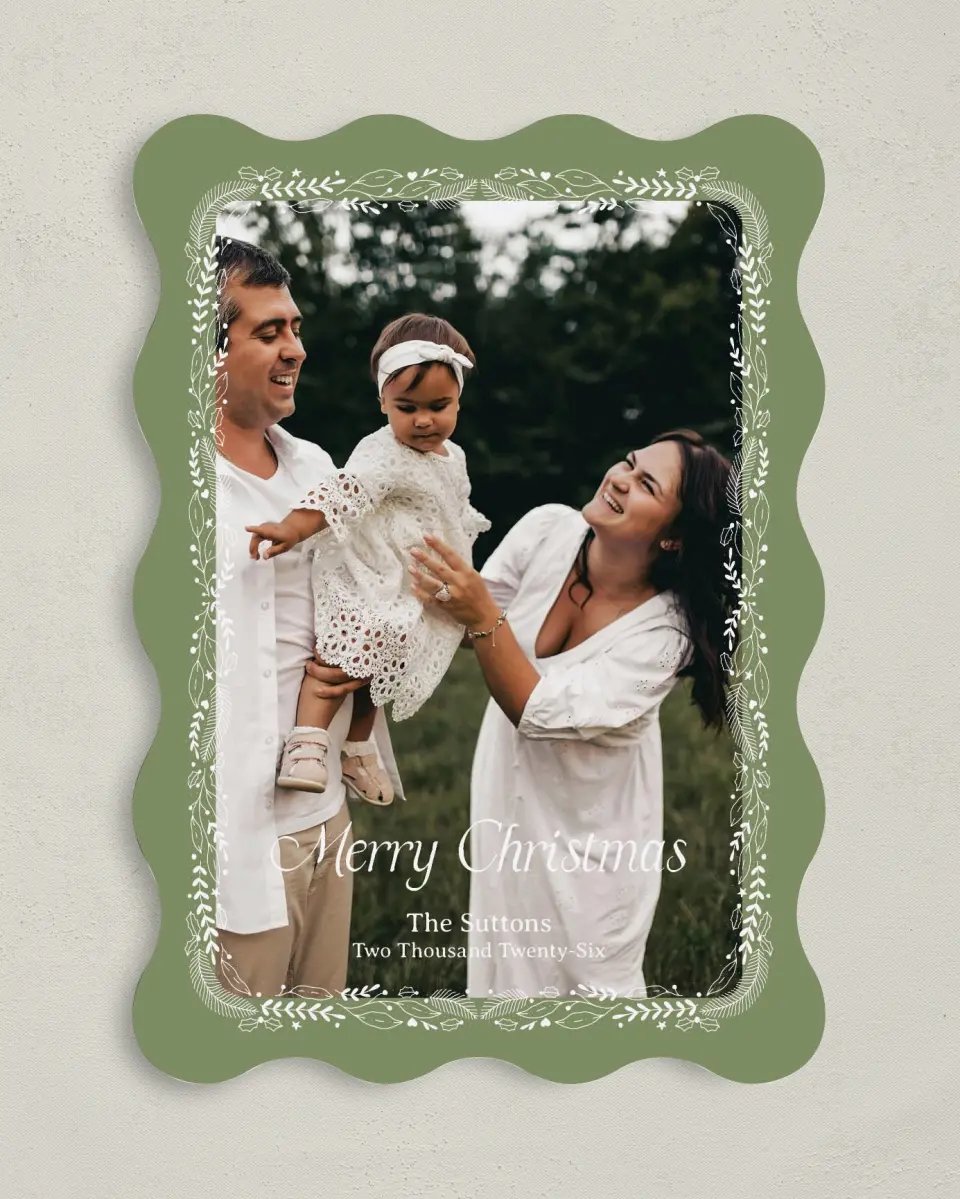 This is a 5" x 7" Christmas Card called Wrapped in Wreaths printed in full color on Premium Smooth paper