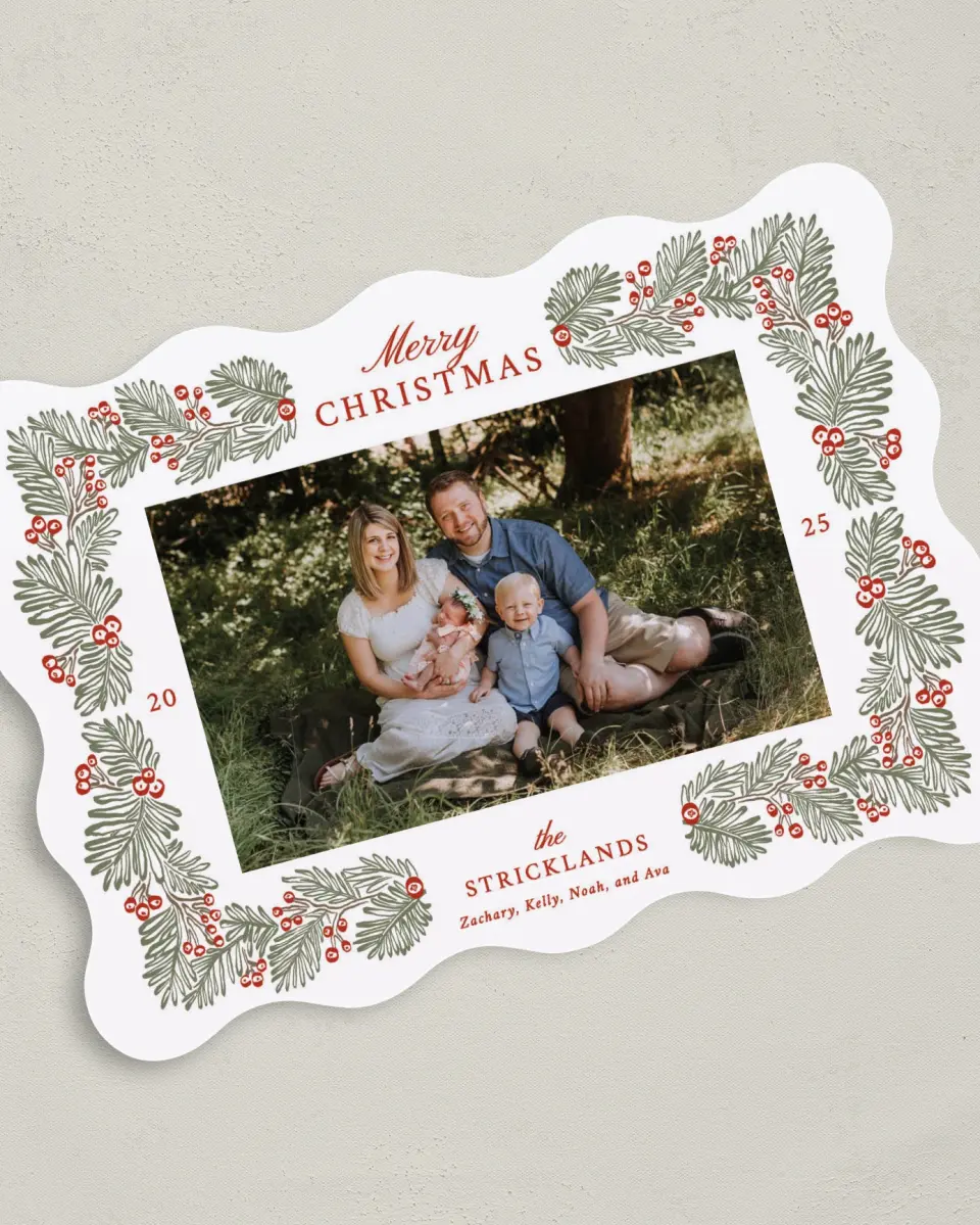 This is a 5" x 7" Christmas Card called Timeless Tidings printed in full color with Gold foil on Luxe Satin (coated) paper