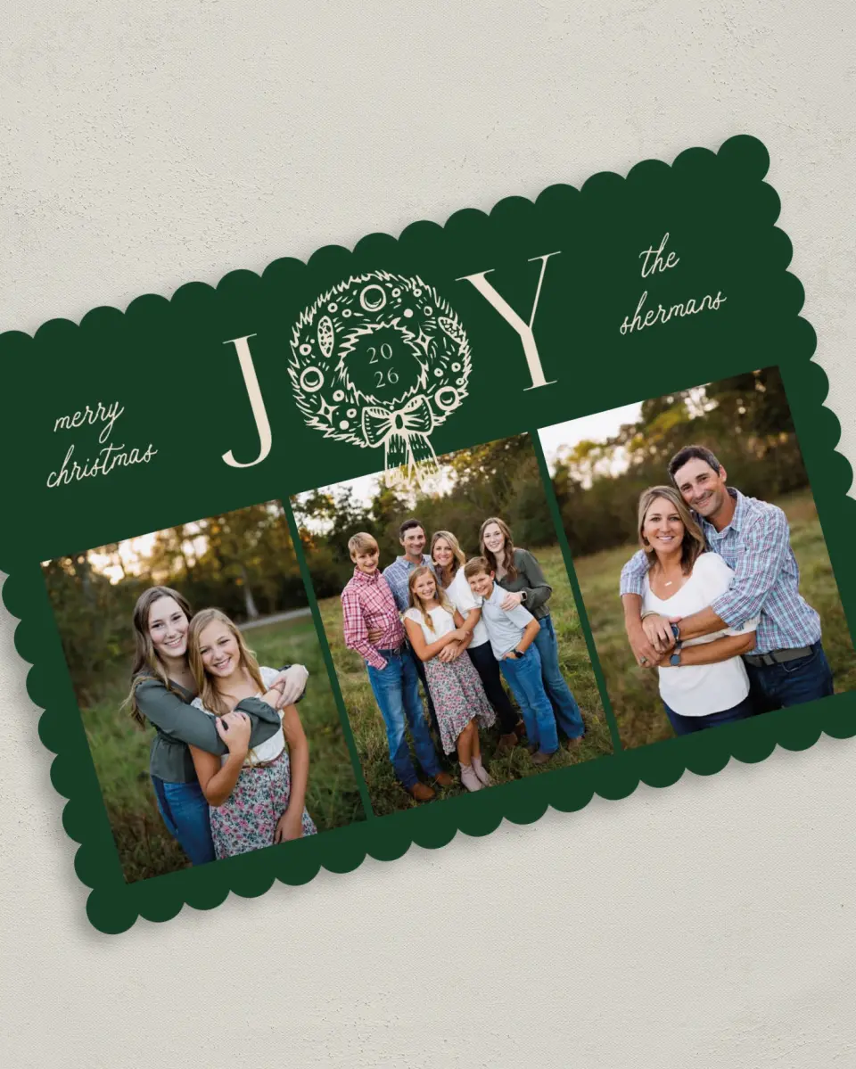 This is a 5" x 7" Christmas Card called Joyful Wreath printed in full color on Premium Smooth paper on Premium Smooth paper on Premium Smooth paper