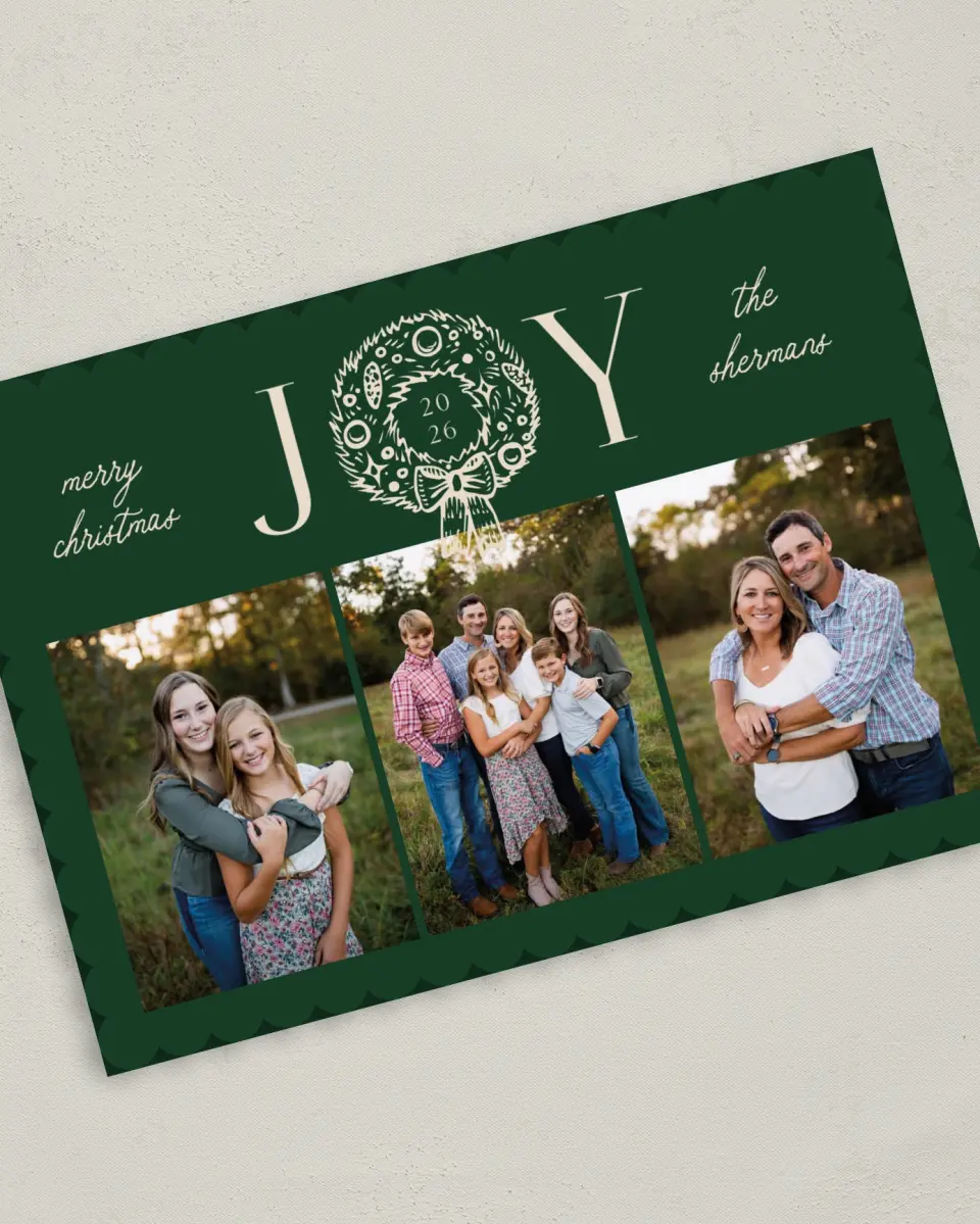 This is a 5" x 7" Christmas Card called Joyful Wreath printed in full color on Premium Smooth paper on Premium Smooth paper on Premium Smooth paper