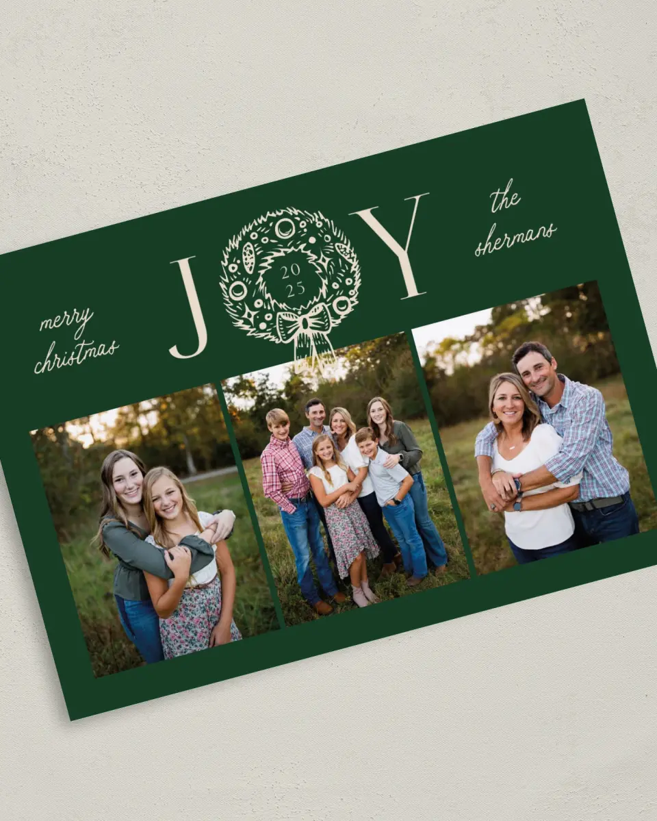 This is a 5" x 7" Christmas Card called Joyful Wreath printed in full color on Premium Smooth paper