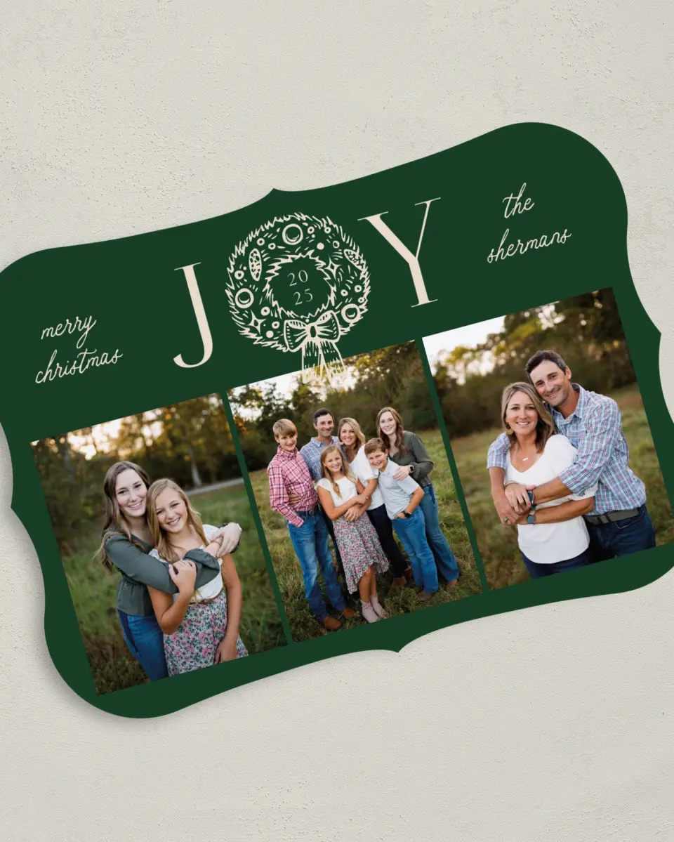 This is a 5" x 7" Christmas Card called Joyful Wreath printed in full color on Premium Smooth paper
