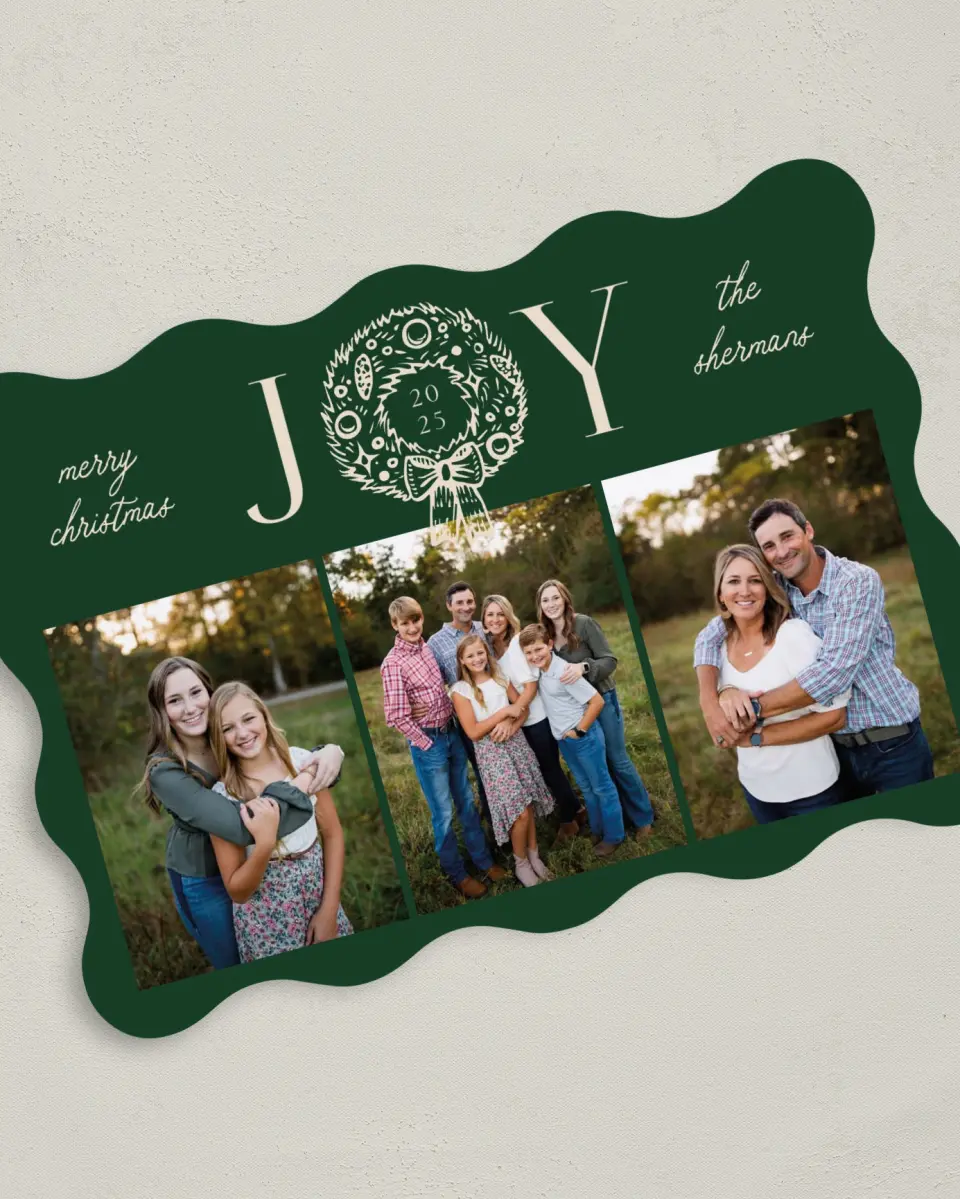 This is a 5" x 7" Christmas Card called Joyful Wreath printed in full color on Premium Smooth paper