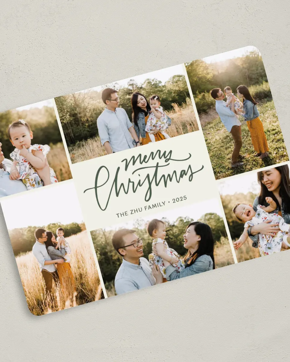This is a 5" x 7" Christmas Card called Captured Cheer printed in full color with Gold foil on Soft Suede (coated) paper