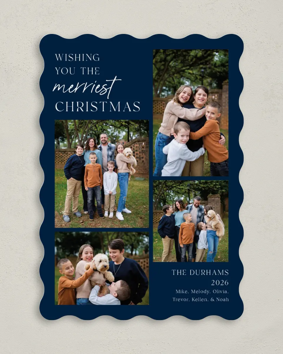 This is a 5" x 7" Christmas Card called Happiest Moments printed in full color with Rose Gold foil on Soft Suede (coated) paper