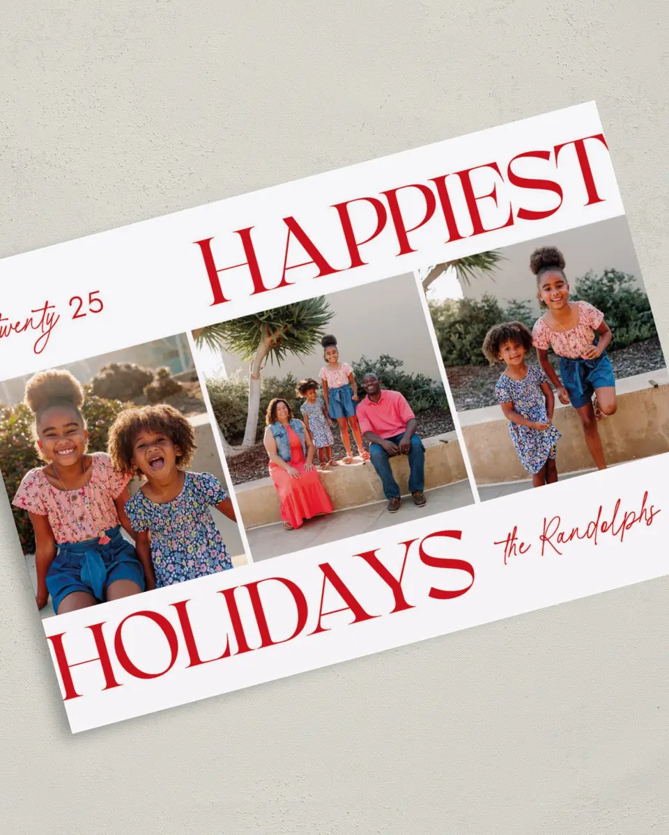This is a 5" x 7" Christmas Card called Holiday Headliner printed in full color on Premium Smooth paper