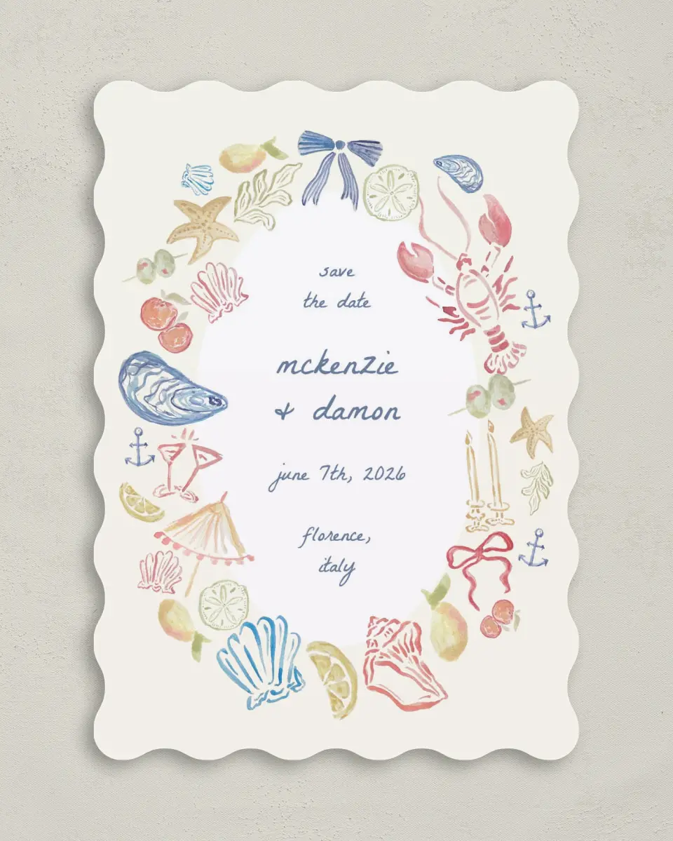 This is a 5" x 7" Save the Date Card called Positano Daydream printed in full color on Premium Smooth paper