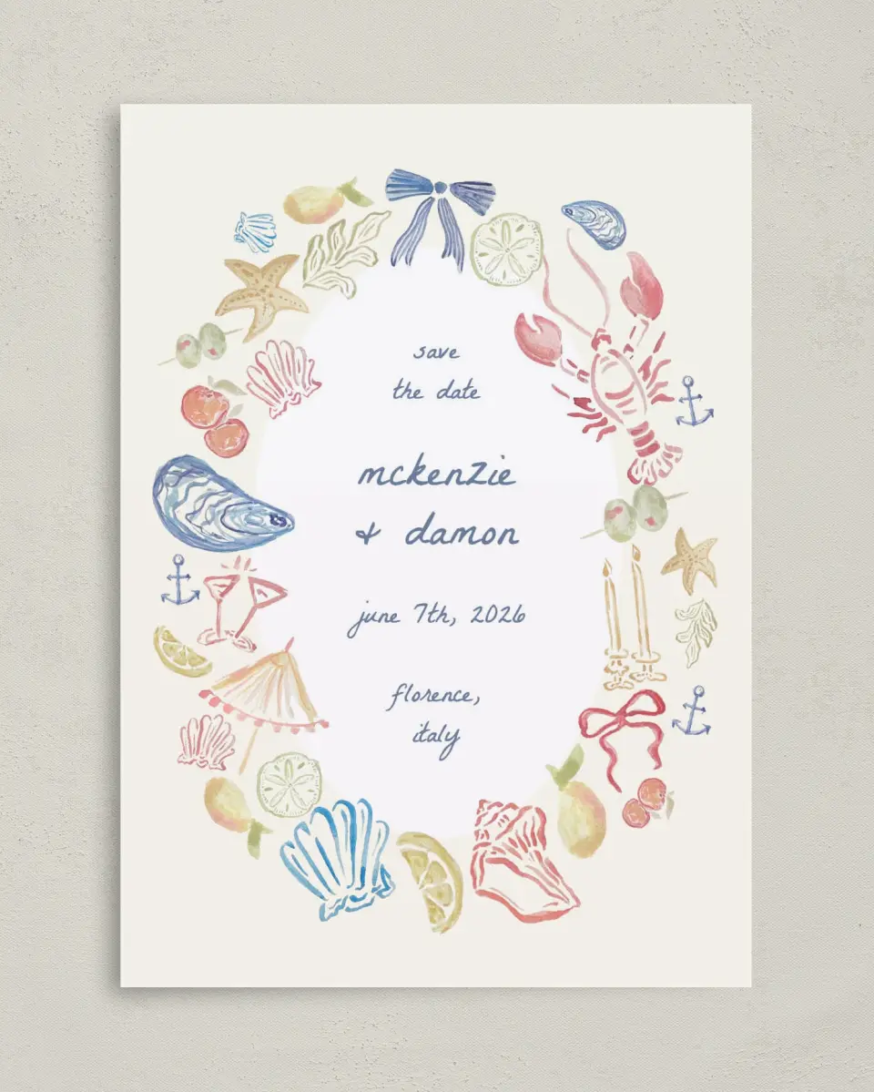 This is a 5" x 7" Save the Date Card called Positano Daydream printed in full color with Rose Gold foil on Luxe Satin (coated) paper